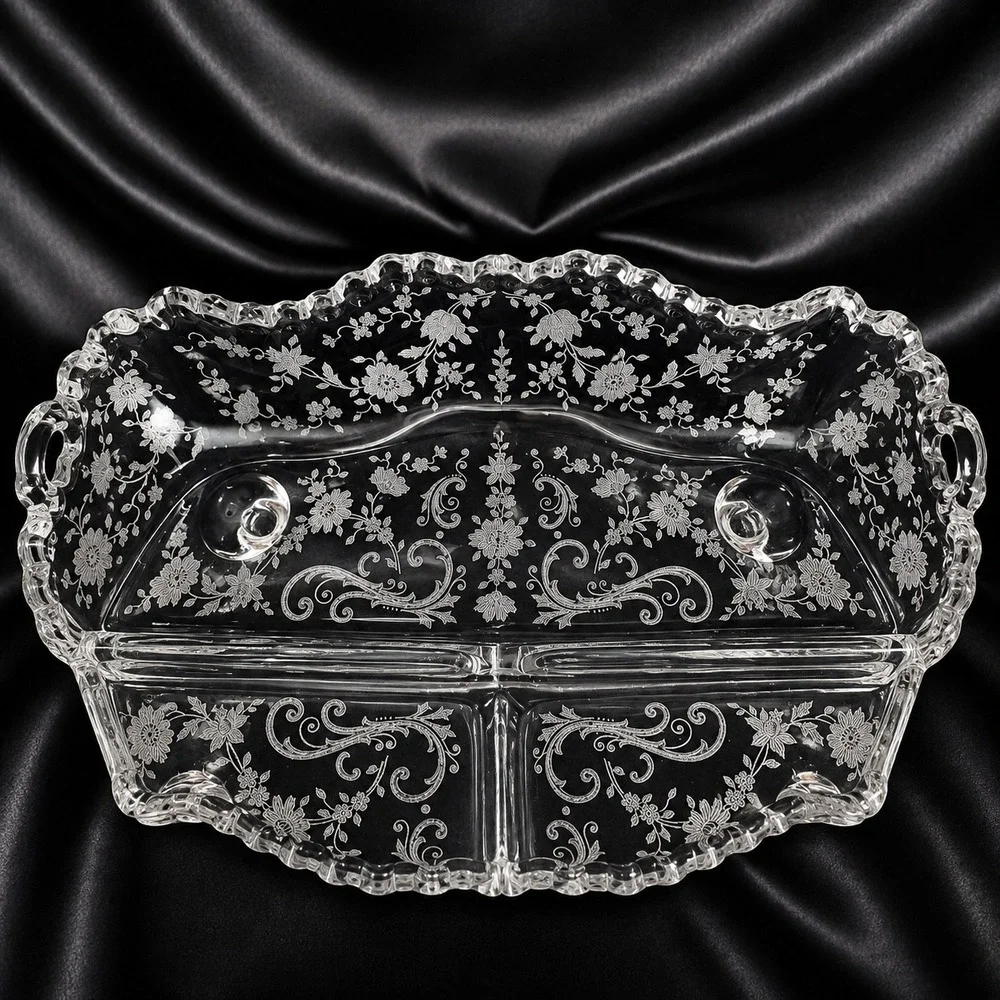 Cambridge Diane Etched Crystal 3 Part Relish Dish 4 Footed 12.5